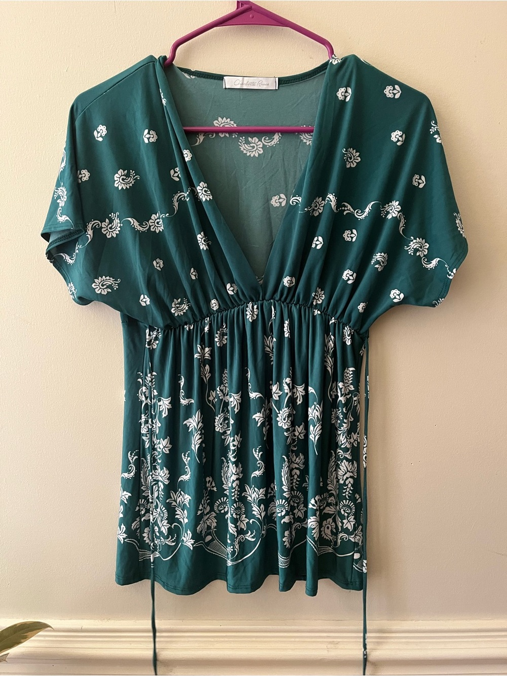 Vintage Y2K 2000s Charlotte Russe Teal Floral V-Neck Blouse size small